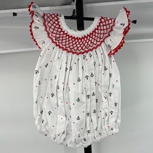 Smocked Sweets White Baby Smocked‎ Romper with Red and Blue Accents Size 3m